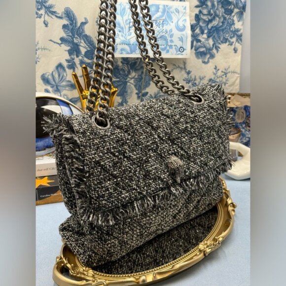 🆕 KURT GEIGER LONDON 🧿 NWOT Large Tweed Kensington Bag, Metallic Black & White - Picture 4 of 16
